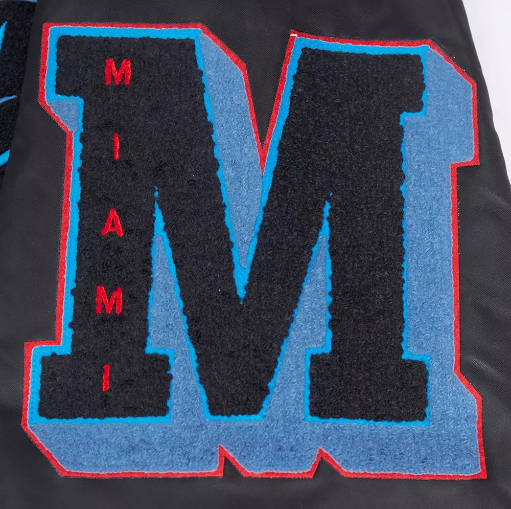 Pro Standard Men's MLB Miami Marlins Old English Rib Satin Varsity Jacket - Black - BLACK