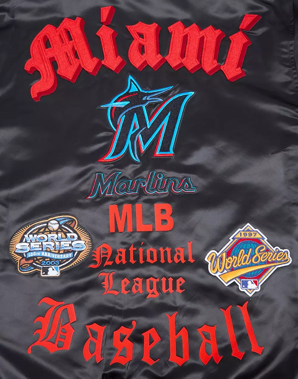 Pro Standard Men's MLB Miami Marlins Old English Rib Satin Varsity Jacket - Black - BLACK