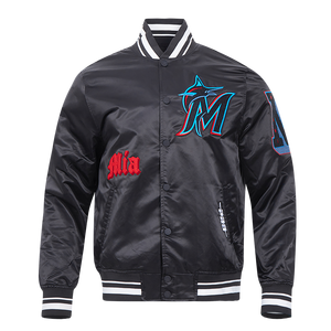 Pro Standard Men's MLB Miami Marlins Old English Rib Satin Varsity Jacket -Black