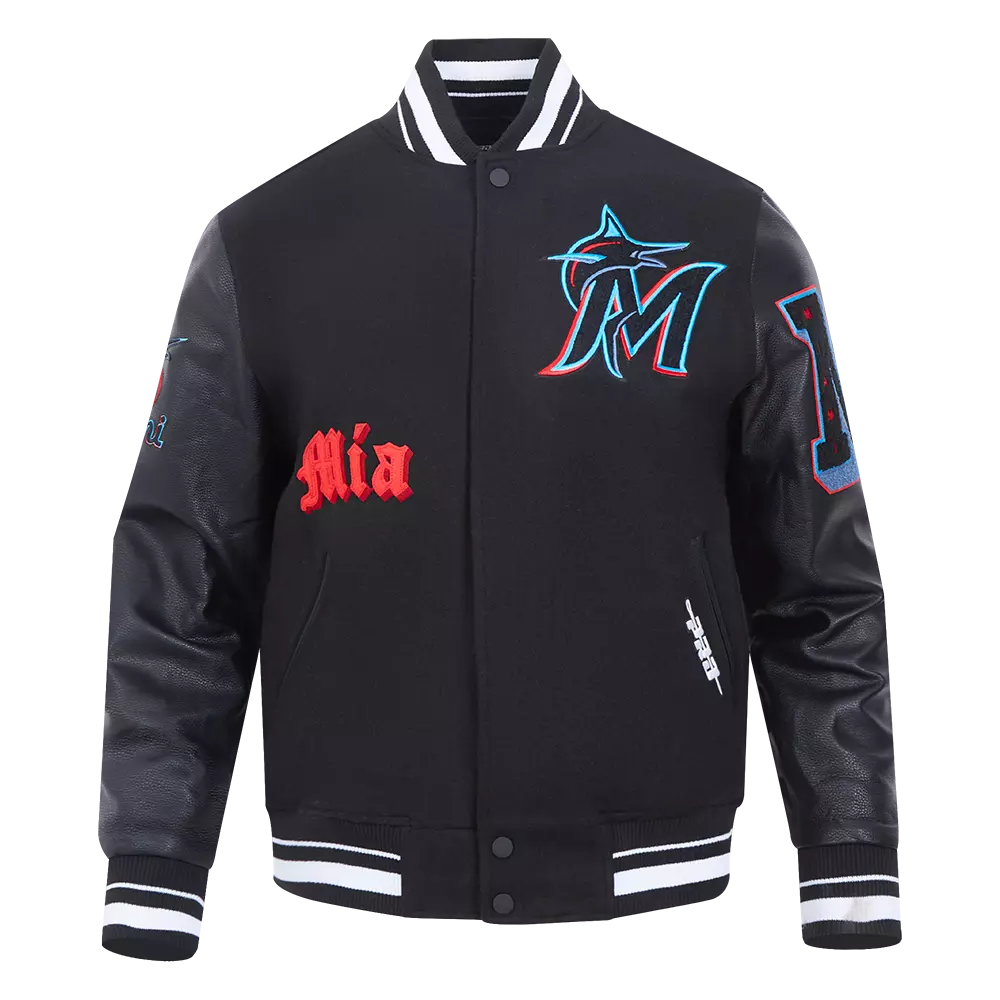 Pro Standard Men's MLB Miami Marlins Old English Rib Wool Varsity Jacket -Black - BLACK