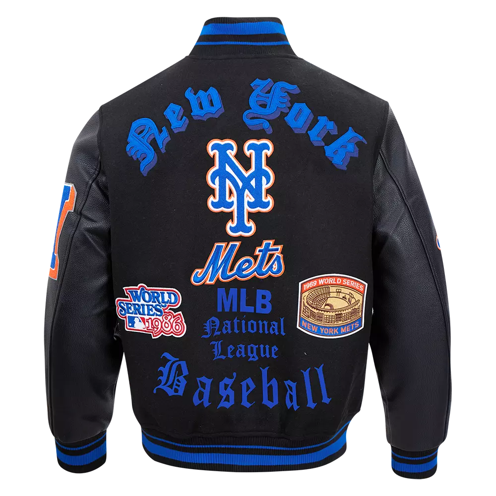 Pro Standard Men's MLB New York Mets Old English Rib Wool Varsity Jacket -Black/Royal - BLACK/ROYAL