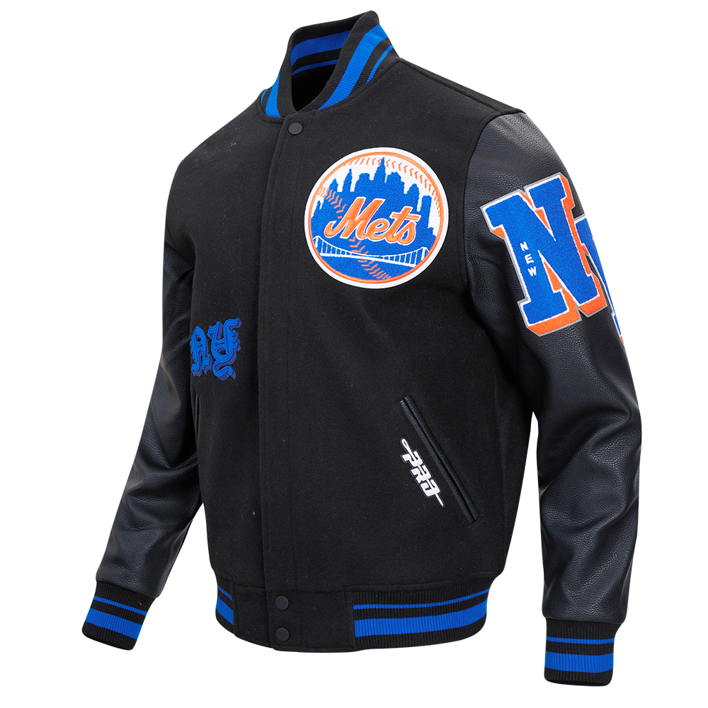 Pro Standard Men's MLB New York Mets Old English Rib Wool Varsity Jacket - Black/Royal - BLACK/ROYAL Thumbnail View 3