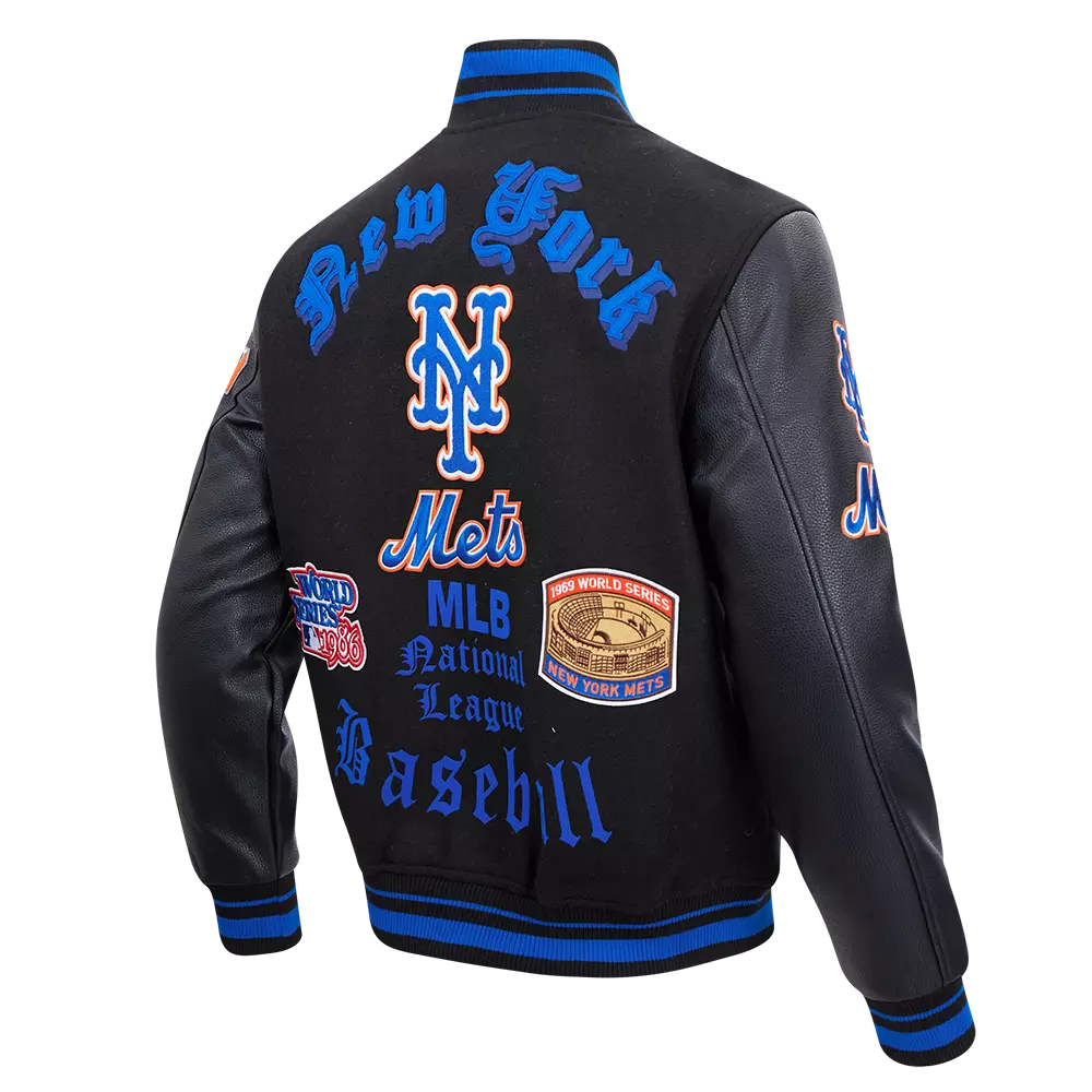 Pro Standard Men's MLB New York Mets Old English Rib Wool Varsity Jacket -Black/Royal - BLACK/ROYAL