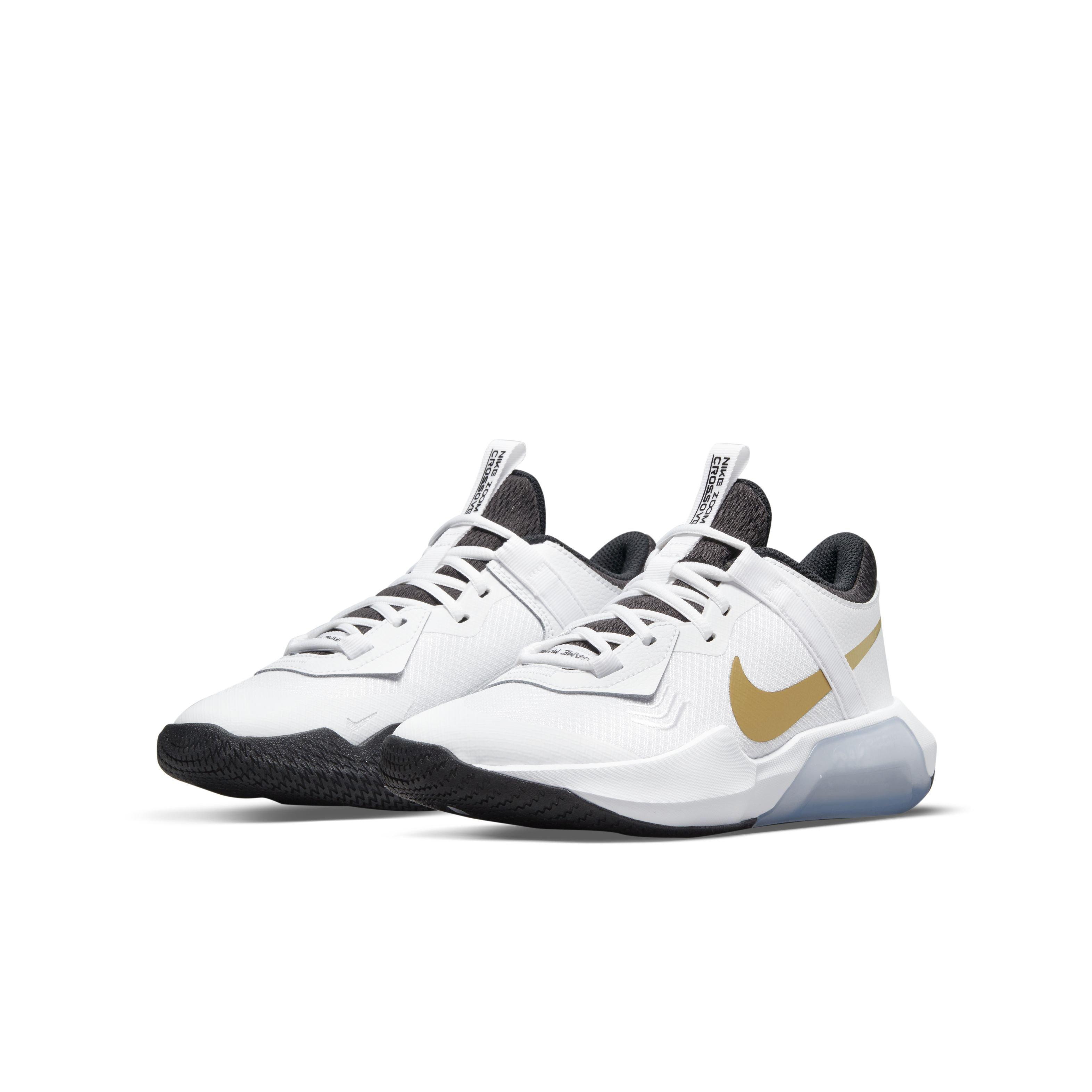 Nike Air Zoom Crossover "White/Metallic Gold/Black" Grade School Boys' Basketball Shoe - WHITE Thumbnail View 3