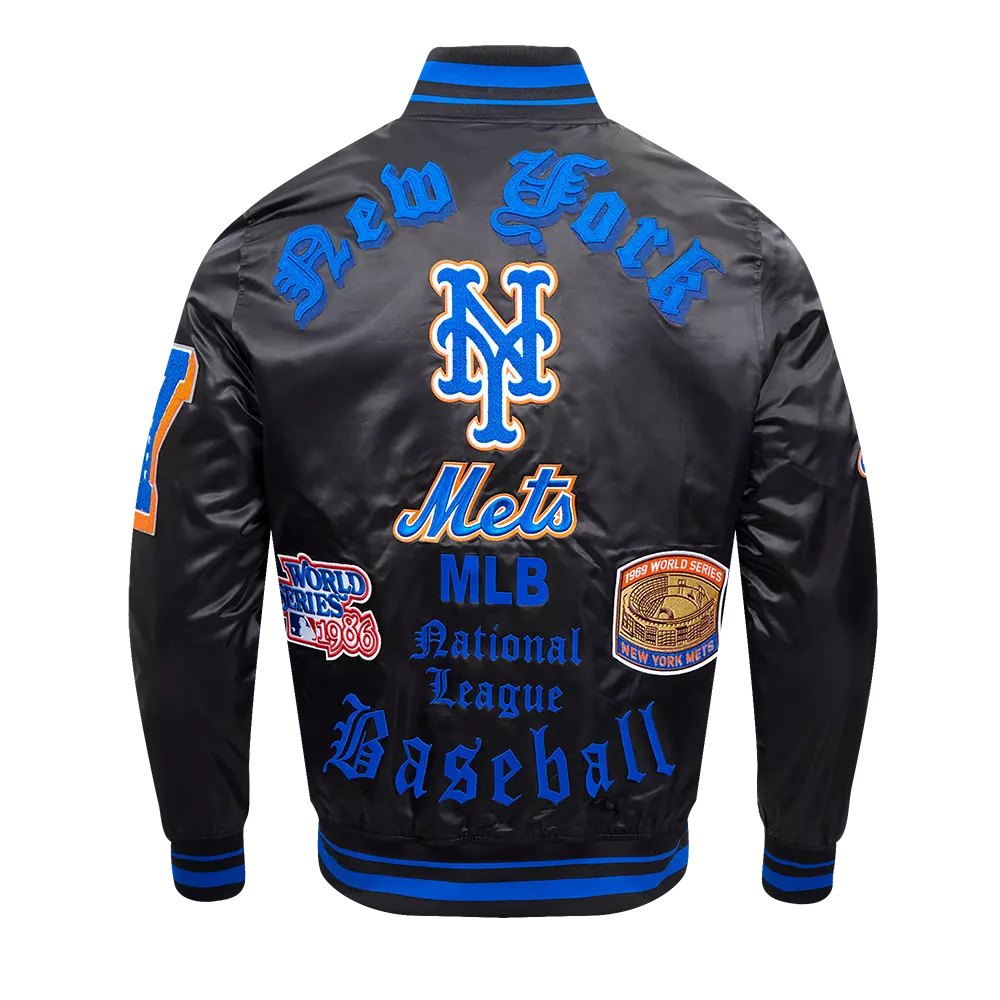 Pro Standard Men's MLB New York Mets Old English Rib Satin Varsity Jacket - Black/Royal - BLACK/ROYAL