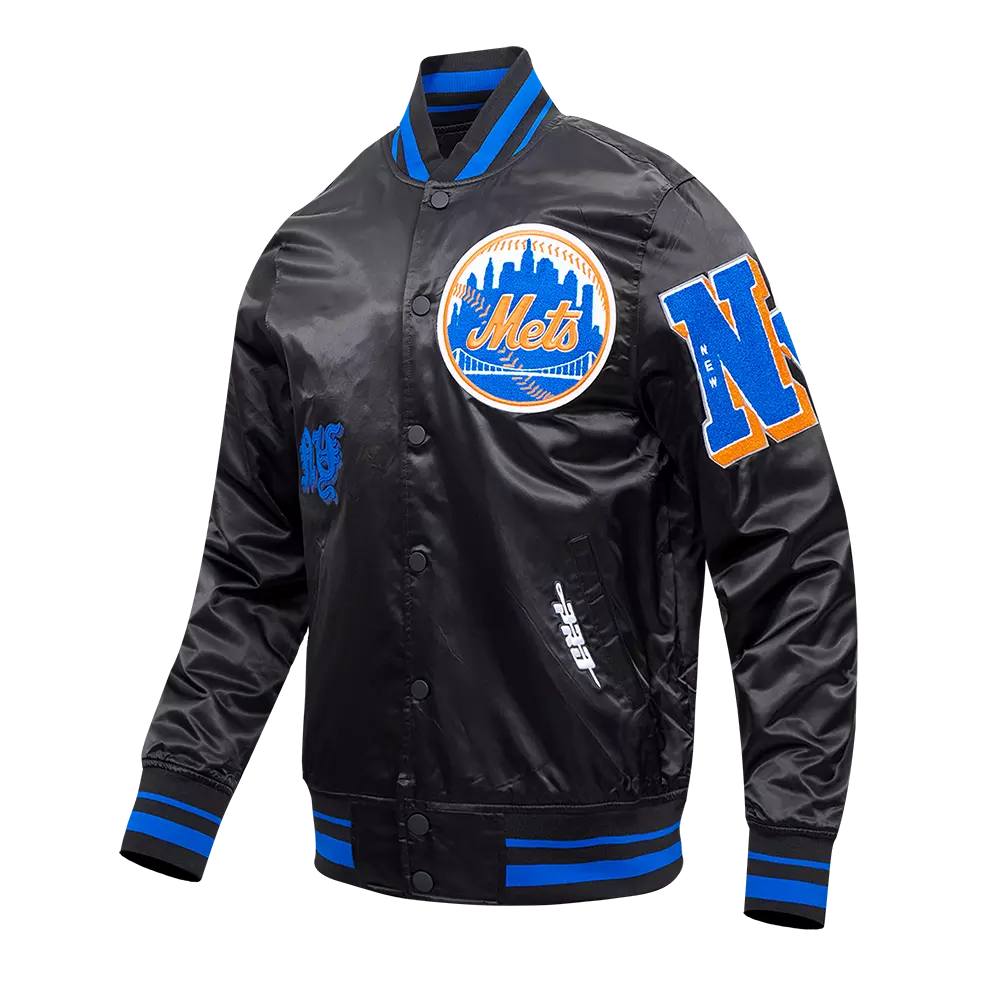 Pro Standard Men's MLB New York Mets Old English Rib Satin Varsity Jacket - Black/Royal - BLACK/ROYAL