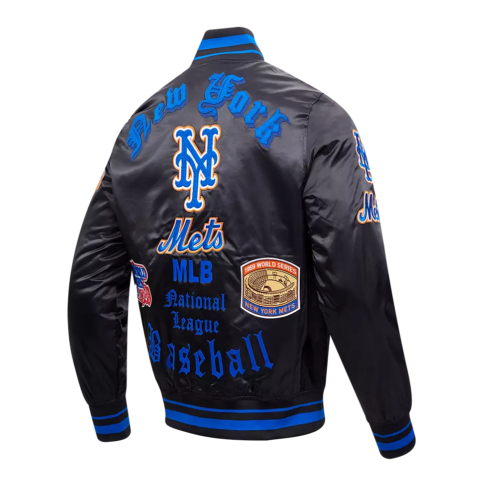 Pro Standard Men's MLB New York Mets Old English Rib Satin Varsity Jacket -Black/Royal - BLACK/ROYAL