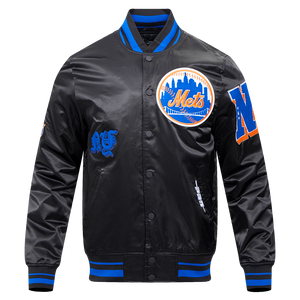 Pro Standard Men's MLB New York Mets Old English Rib Satin Varsity Jacket -Black/Royal