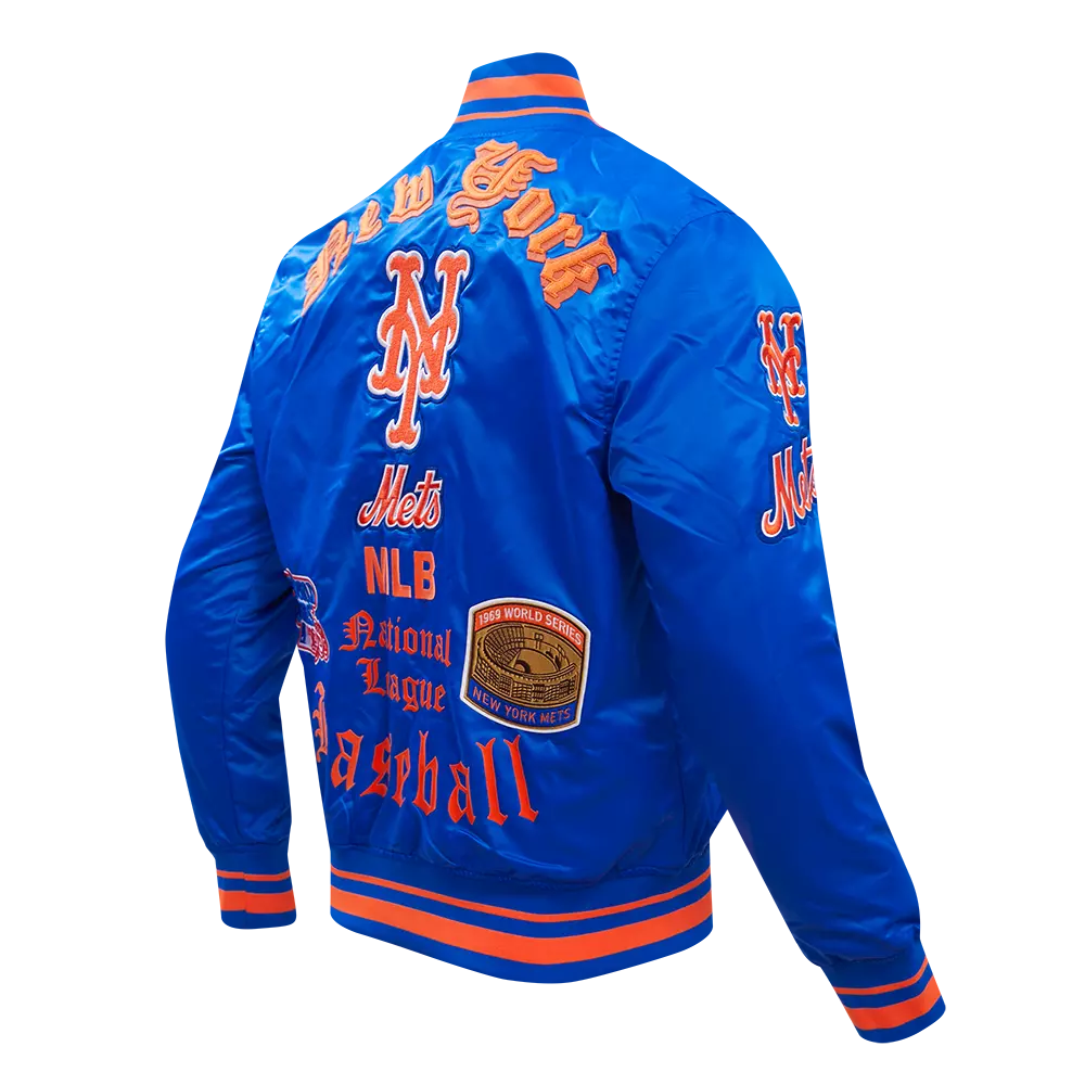 Pro Standard Men's MLB New York Mets Old English Rib Satin Varsity Jacket -Royal/Orange - ROYAL/ORANGE