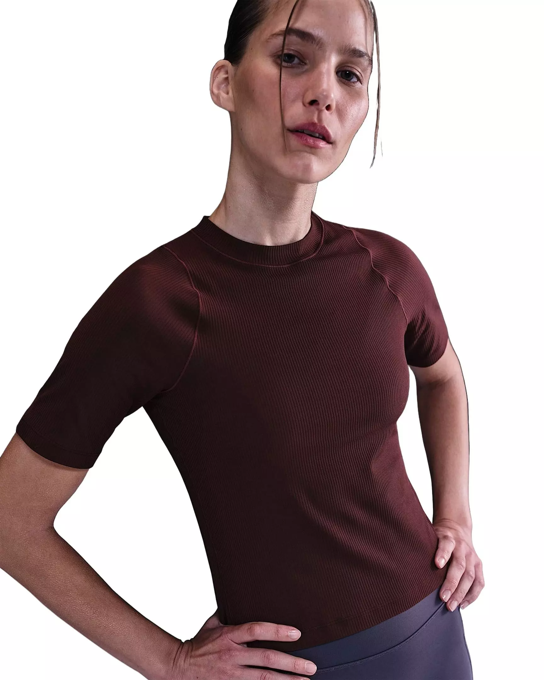 Nike Women's Zenvy Rib Dri-FIT Short-Sleeve Top - Burgundy - BURGUNDY