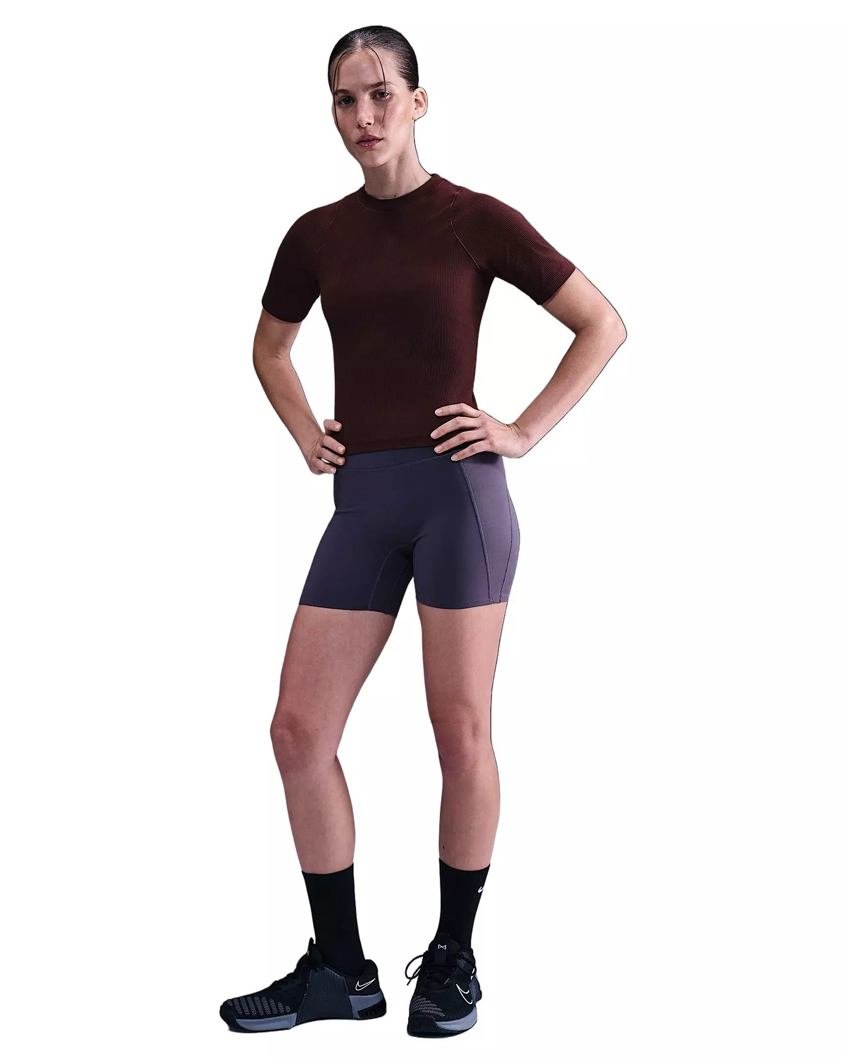 Nike Women's Zenvy Rib Dri-FIT Short-Sleeve Top - Burgundy - BURGUNDY