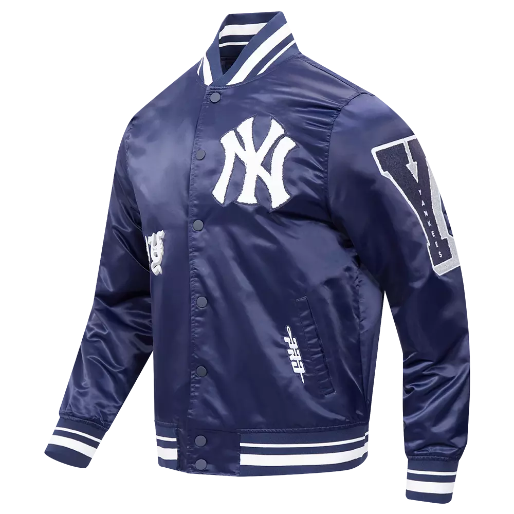 Pro Standard Men's MLB New York Yankees Old English Rib Satin Varsity Jacket -Navy - NAVY