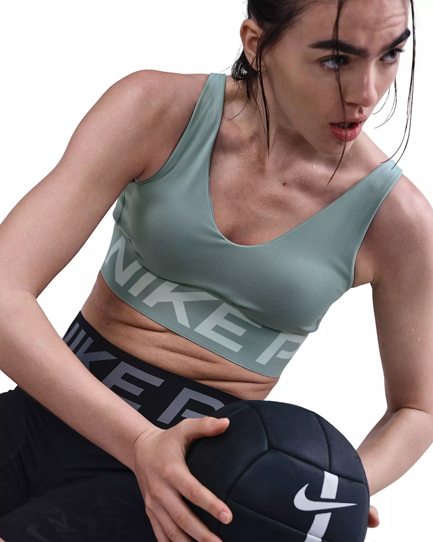 Nike Women's Pro Indy Plunge Medium-Support Padded Sports Bra - Light Green - LIGHT GREEN