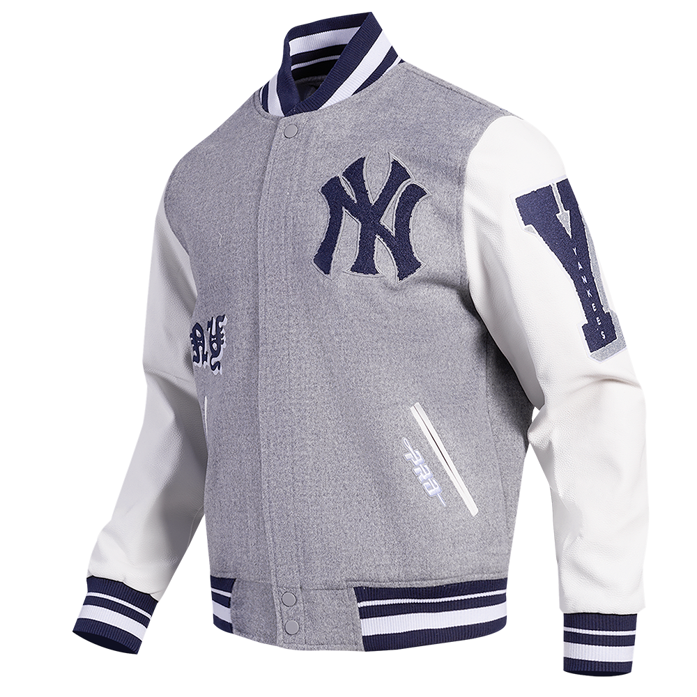 Pro Standard Men's MLB New York Yankees Old English Rib Wool Varsity Jacket - Grey/White - GREY/WHITE Thumbnail View 3