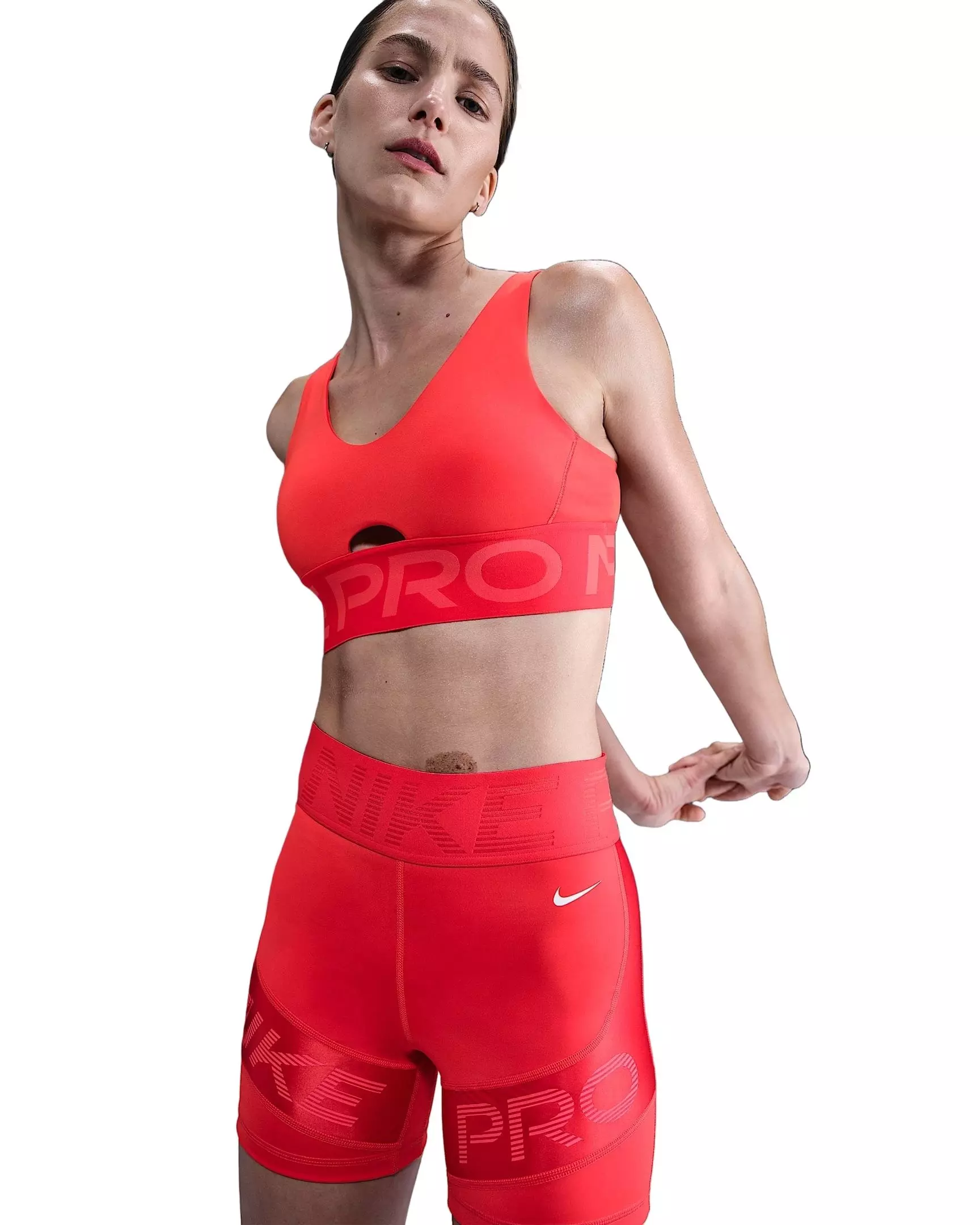 Nike Women's Pro Indy Plunge Medium-Support Padded Sports Bra -Red - RED