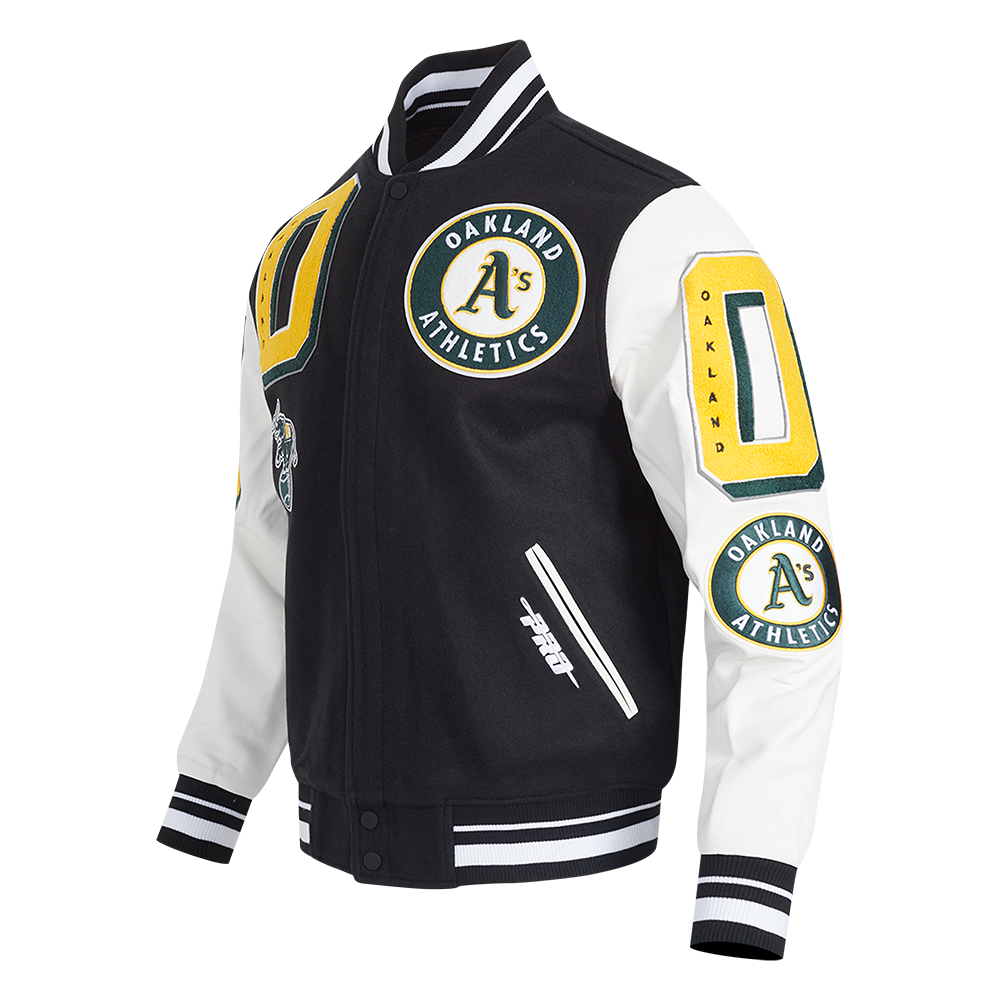 Pro Standard Men's MLB Oakland Athletics Mashup Rib Wool Varsity Jacket -Black/White - BLACK/WHITE Thumbnail View 3