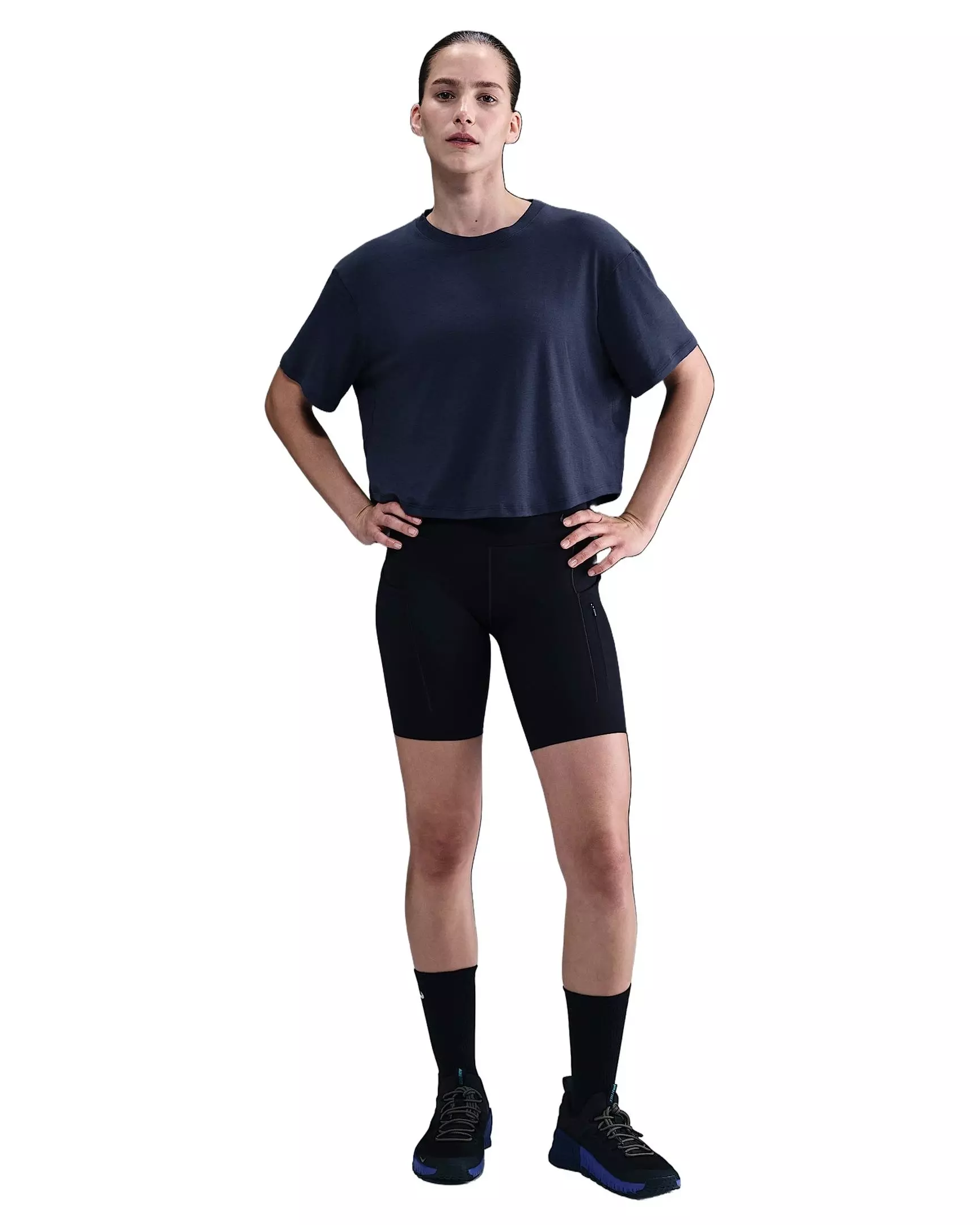 Nike Women's One Relaxed Dri-FIT Cropped Short-Sleeve Top -Navy - NAVY