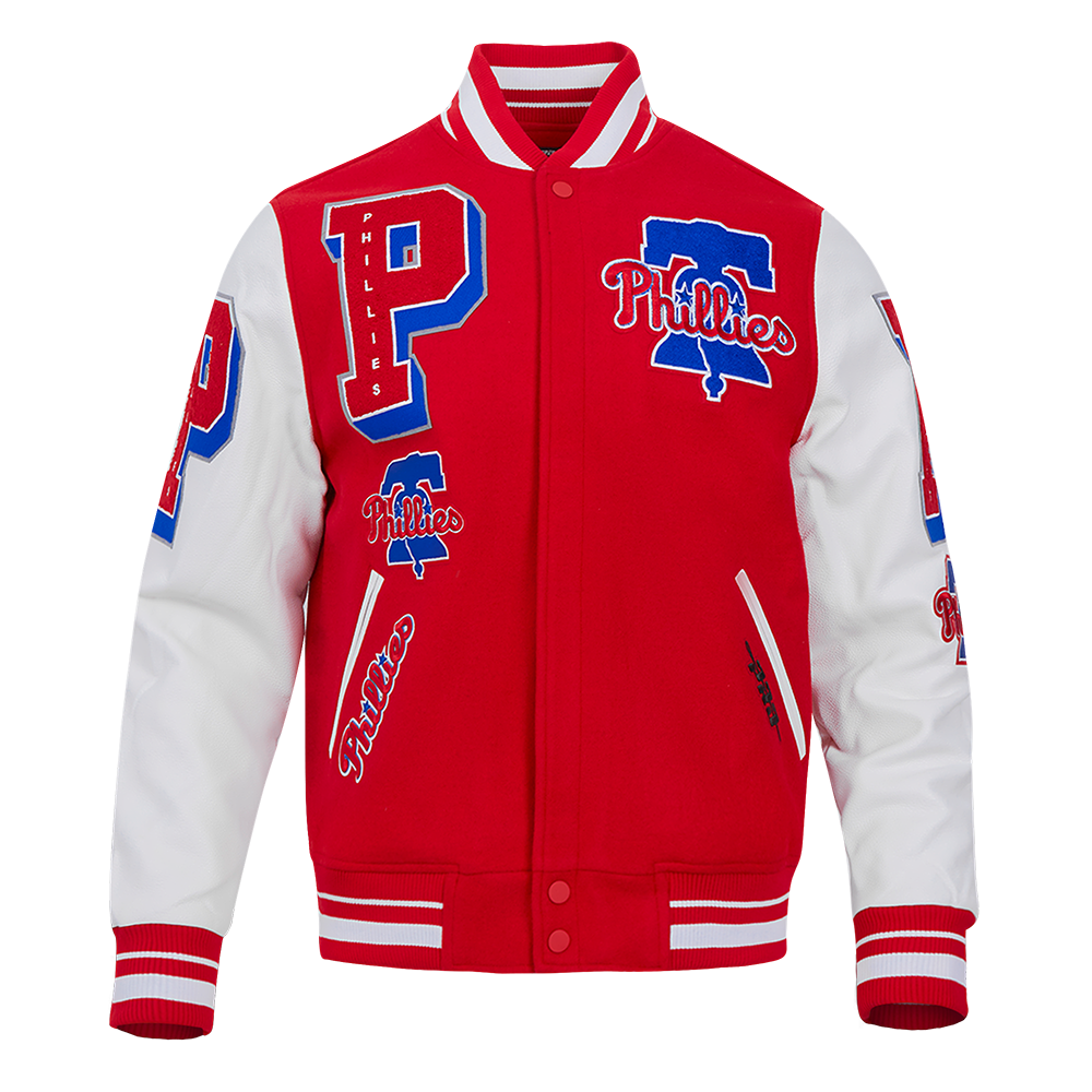 Pro Standard Men's MLB Philadelphia Phillies Mashup Rib Wool Varsity Jacket - Red/White - RED/WHITE Thumbnail View 1