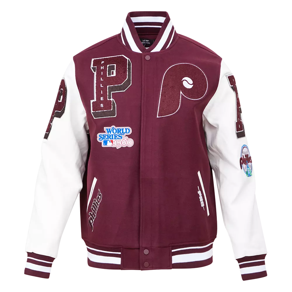 Pro Standard Men's MLB Philadelphia Phillies Mashup Rib Wool Varsity Jacket -Wine/White - WINE/WHITE