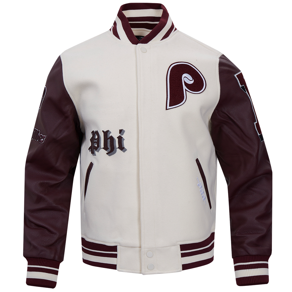 Pro Standard Men's MLB Philadelphia Phillies Retro Old English Rib Wool Varsity Jacket -Cream/Wine - CREAM/RED Thumbnail View 1