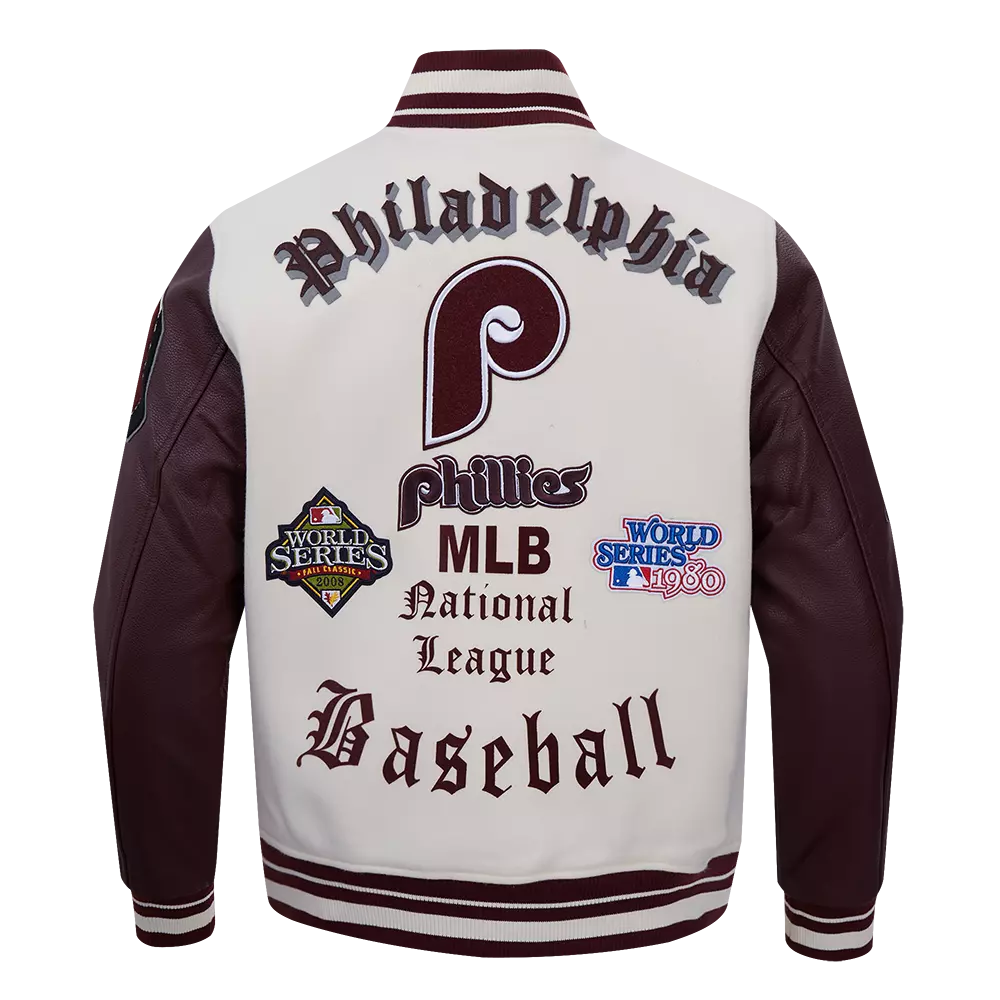 Pro Standard Men's MLB Philadelphia Phillies Retro Old English Rib Wool Varsity Jacket - Cream/Wine - CREAM/RED