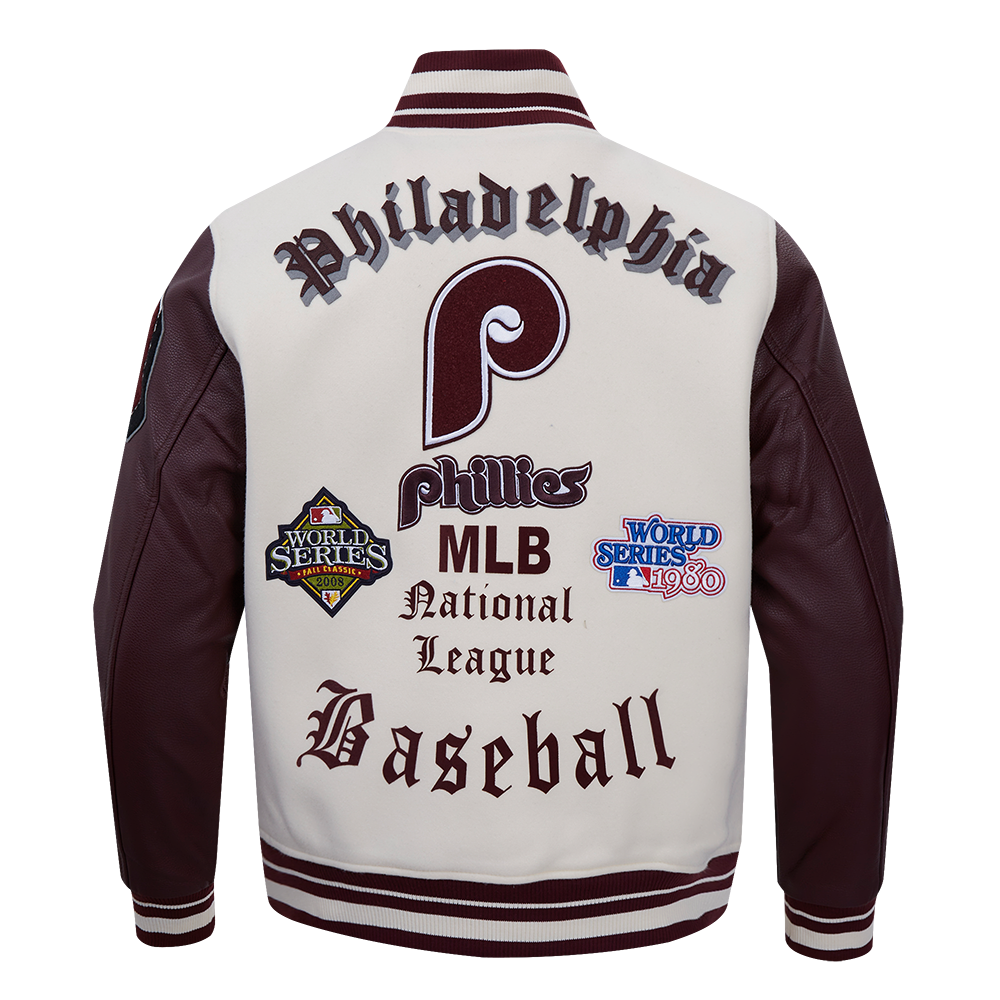 Pro Standard Men's MLB Philadelphia Phillies Retro Old English Rib Wool Varsity Jacket -Cream/Wine - CREAM/RED Thumbnail View 2