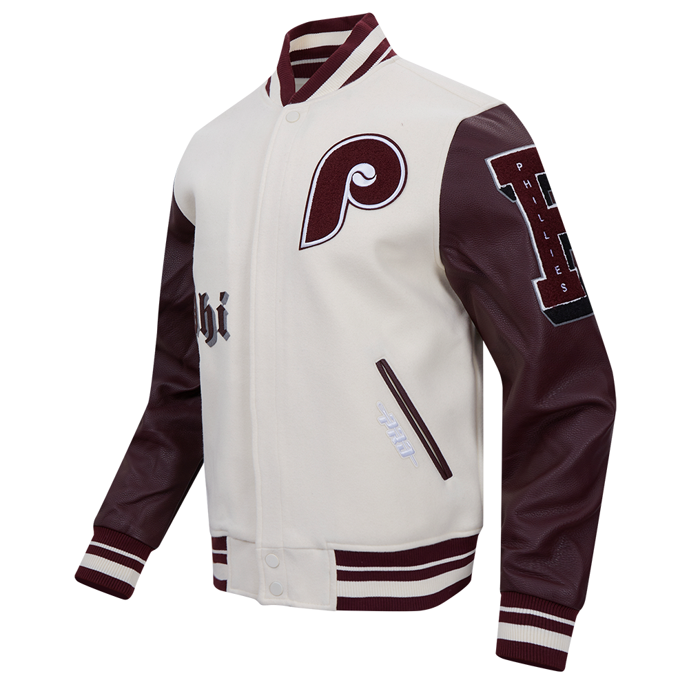 Pro Standard Men's MLB Philadelphia Phillies Retro Old English Rib Wool Varsity Jacket -Cream/Wine - CREAM/RED Thumbnail View 3