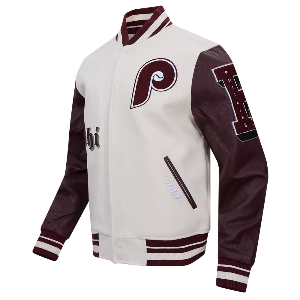 Pro Standard Men's MLB Philadelphia Phillies Retro Old English Rib Wool Varsity Jacket -Cream/Wine - CREAM/RED