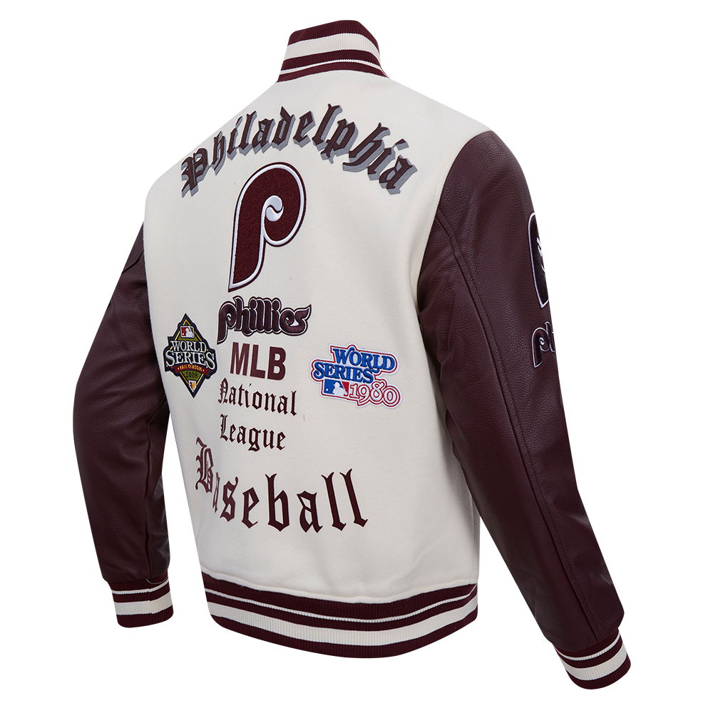 Pro Standard Men's MLB Philadelphia Phillies Retro Old English Rib Wool Varsity Jacket - Cream/Wine - CREAM/RED Thumbnail View 4