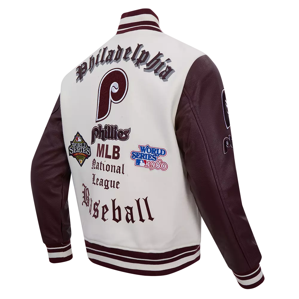 Pro Standard Men's MLB Philadelphia Phillies Retro Old English Rib Wool Varsity Jacket - Cream/Wine - CREAM/RED