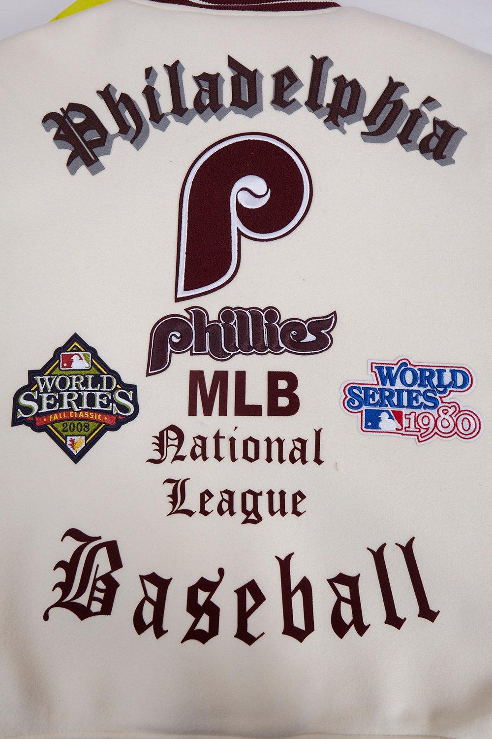 Pro Standard Men's MLB Philadelphia Phillies Retro Old English Rib Wool Varsity Jacket - Cream/Wine - CREAM/RED Thumbnail View 9