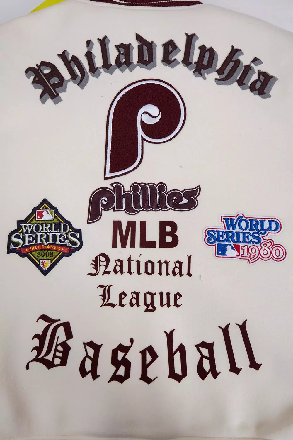 Pro Standard Men's MLB Philadelphia Phillies Retro Old English Rib Wool Varsity Jacket -Cream/Wine - CREAM/RED