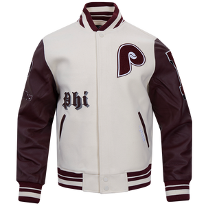 Pro Standard Men's MLB Philadelphia Phillies Retro Old English Rib Wool Varsity Jacket -Cream/Wine