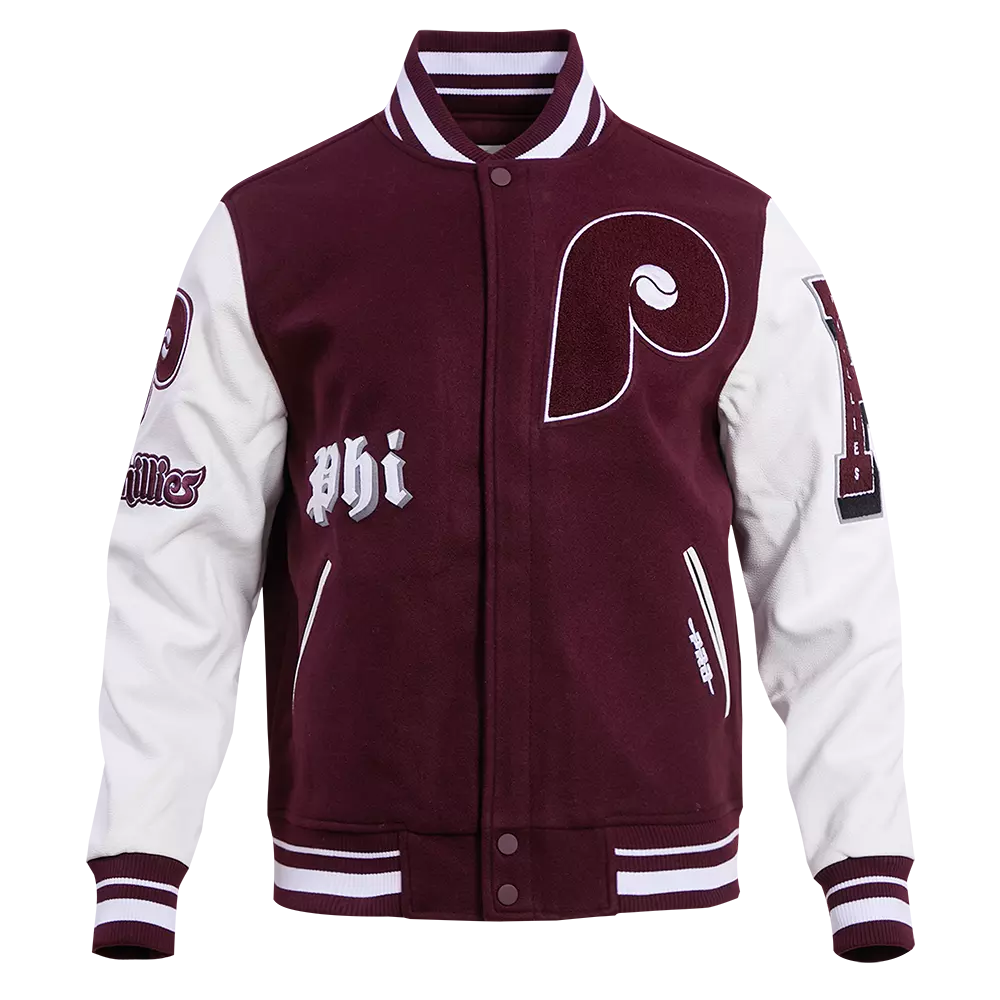 Pro Standard Men's MLB Philadelphia Phillies Retro Old English Rib Wool Varsity Jacket -Wine/White - WINE/WHITE