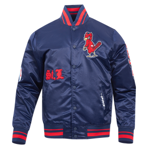 Pro Standard Men's MLB St. Louis Cardinals Old English Rib Satin Varsity Jacket -Navy/Red