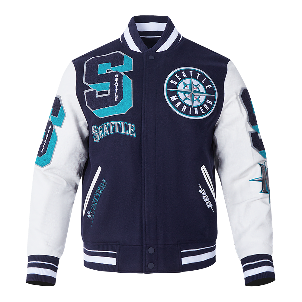 Pro Standard Men's MLB Seattle Mariners Mashup Rib Wool Varsity Jacket - Navy/White - NAVY/WHITE Thumbnail View 1