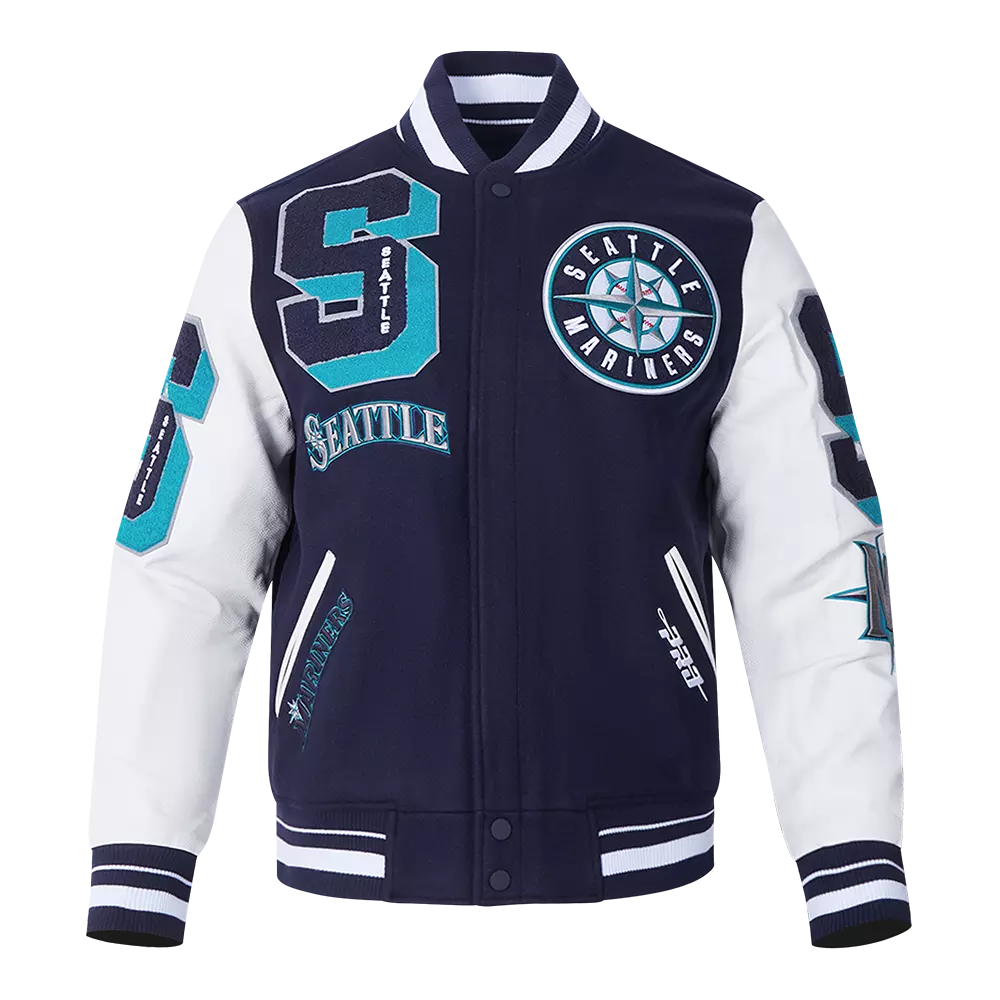 Pro Standard Men's MLB Seattle Mariners Mashup Rib Wool Varsity Jacket - Navy/White - NAVY/WHITE