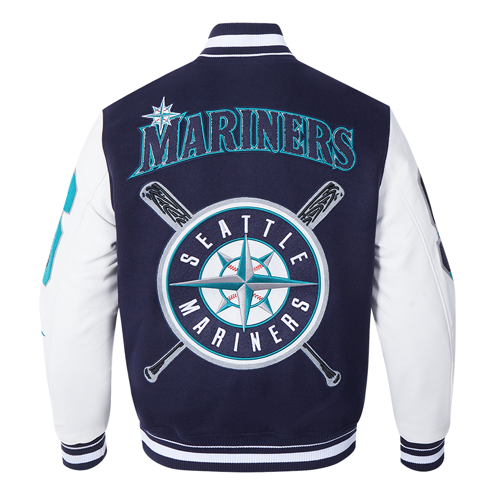 Pro Standard Men's MLB Seattle Mariners Mashup Rib Wool Varsity Jacket - Navy/White - NAVY/WHITE Thumbnail View 2