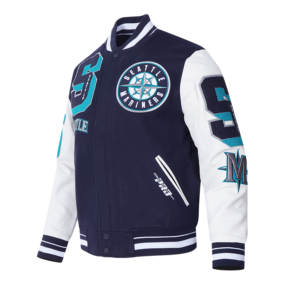 Pro Standard Men's MLB Seattle Mariners Mashup Rib Wool Varsity Jacket - Navy/White - NAVY/WHITE Thumbnail View 3