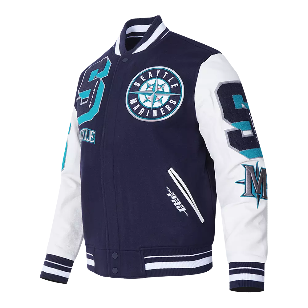 Pro Standard Men's MLB Seattle Mariners Mashup Rib Wool Varsity Jacket - Navy/White - NAVY/WHITE