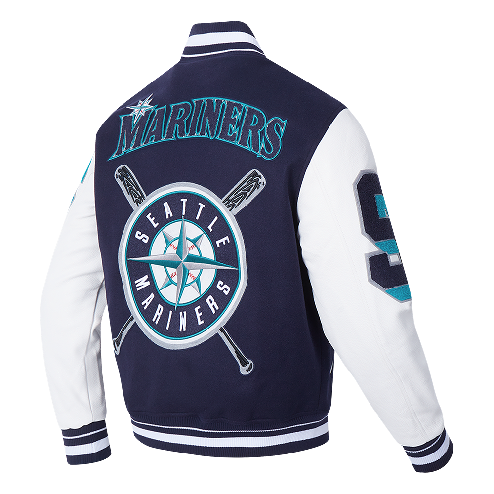 Pro Standard Men's MLB Seattle Mariners Mashup Rib Wool Varsity Jacket - Navy/White - NAVY/WHITE Thumbnail View 4