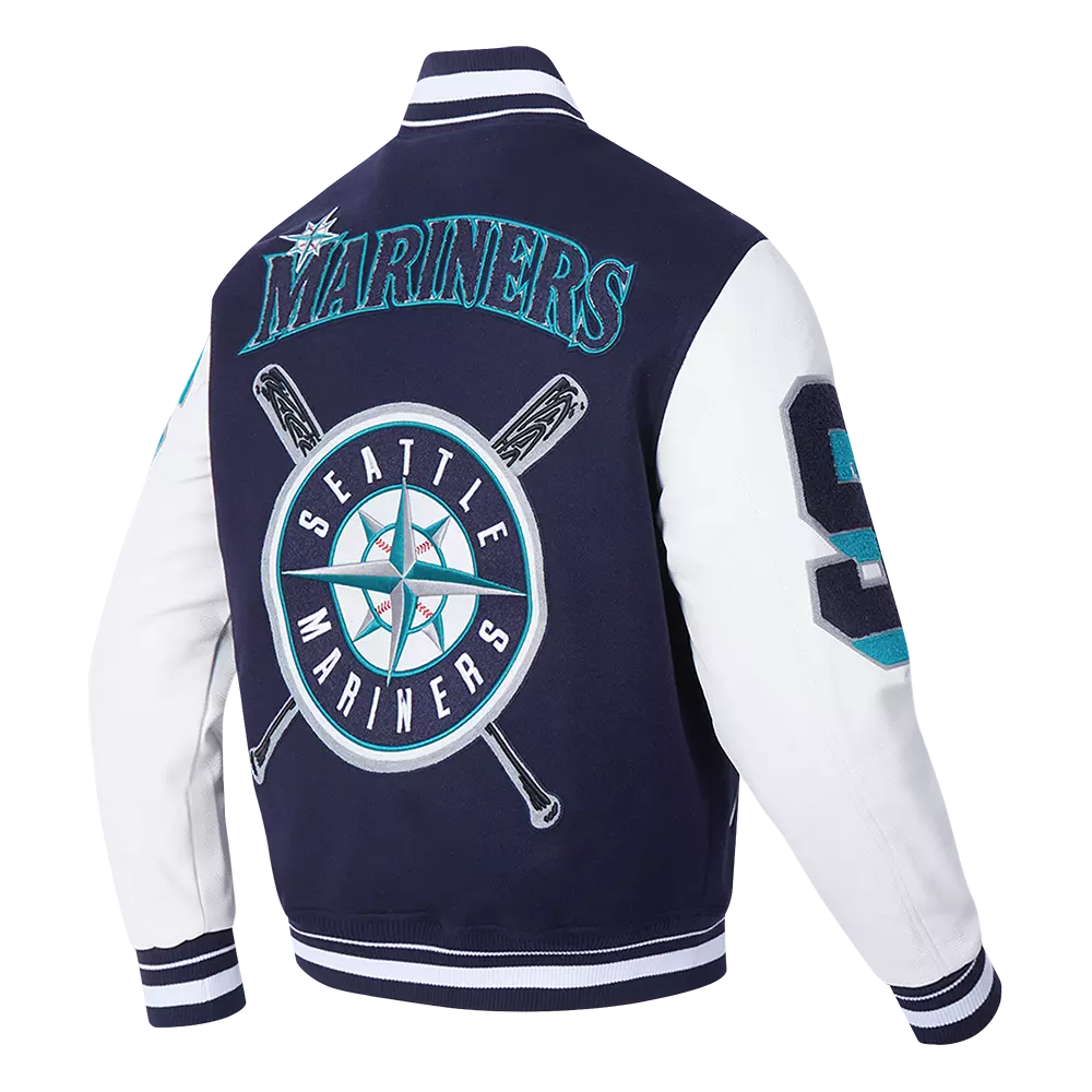 Pro Standard Men's MLB Seattle Mariners Mashup Rib Wool Varsity Jacket - Navy/White - NAVY/WHITE