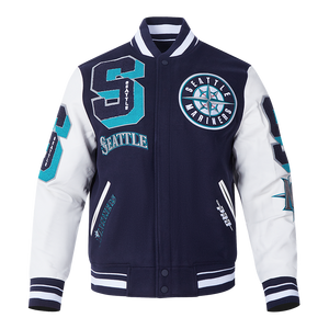 Pro Standard Men's MLB Seattle Mariners Mashup Rib Wool Varsity Jacket -Navy/White