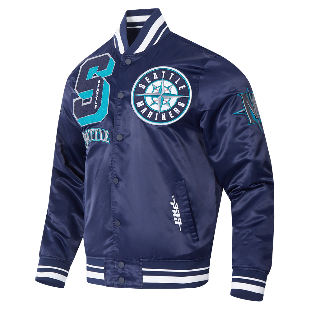 Pro Standard Men's MLB Seattle Mariners Mashup Rib Satin Jacket - Navy - NAVY Thumbnail View 3