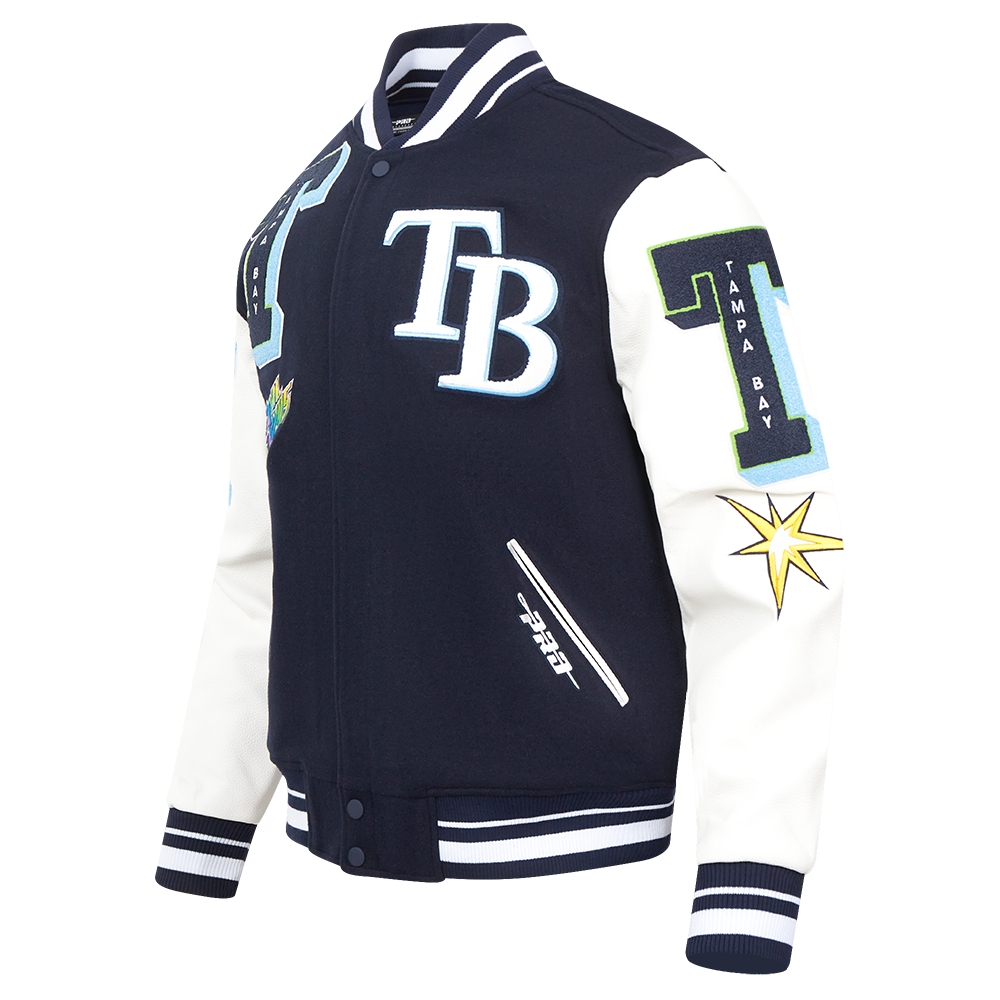 Pro Standard Men's MLB Tampa Bay Rays Mashup Rib Wool Varsity Jacket -Navy/White - NAVY/WHITE Thumbnail View 3