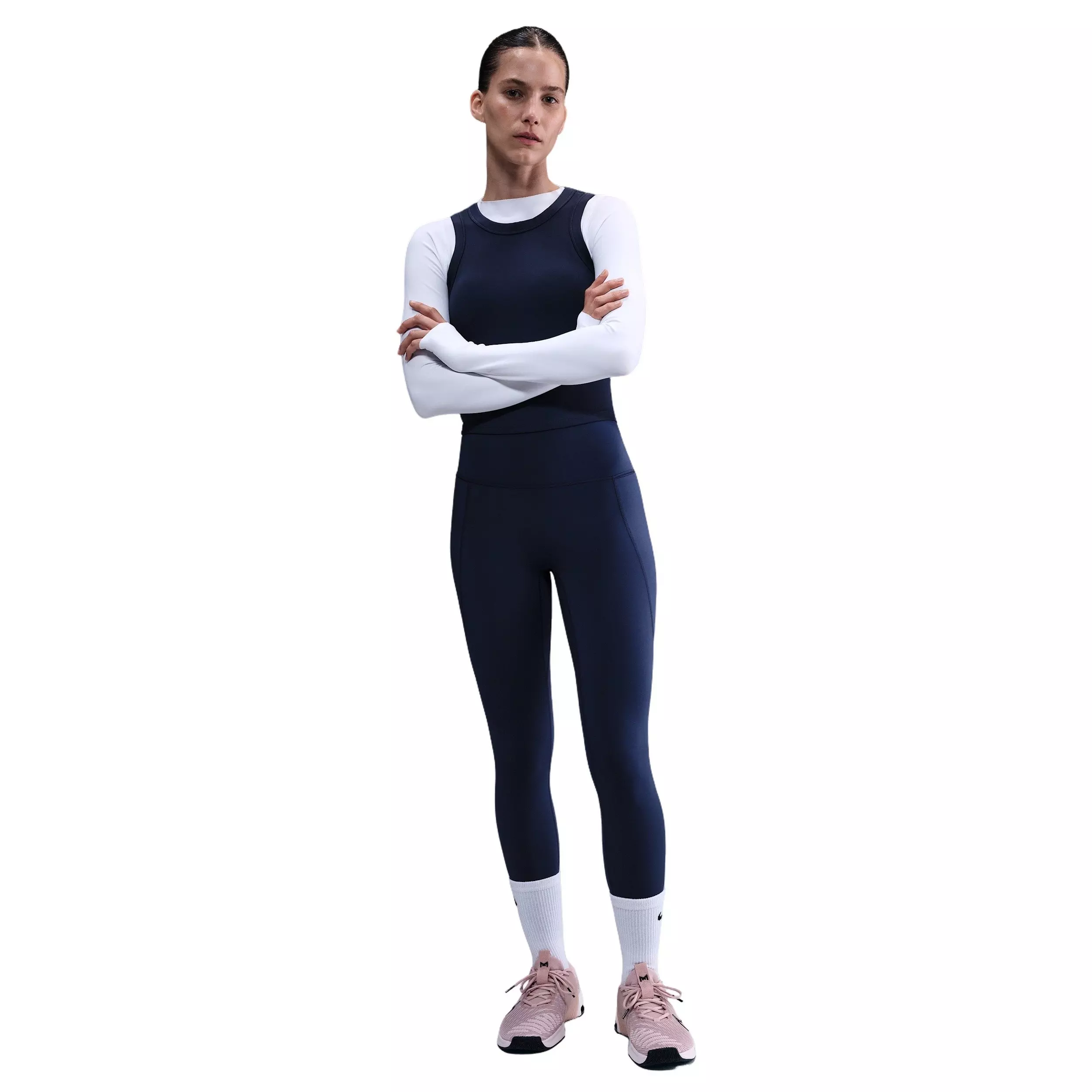 Nike Women's Universa Med-Support High-Waisted 7/8 Leggings w/Pockets -Navy - NAVY