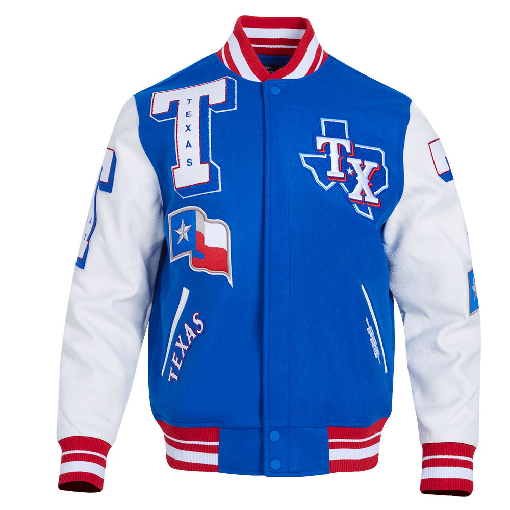 Pro Standard Men's MLB Texas Rangers Mashup Rib Wool Varsity Jacket - Blue/Red/White - BLUE/RED/WHITE Thumbnail View 1