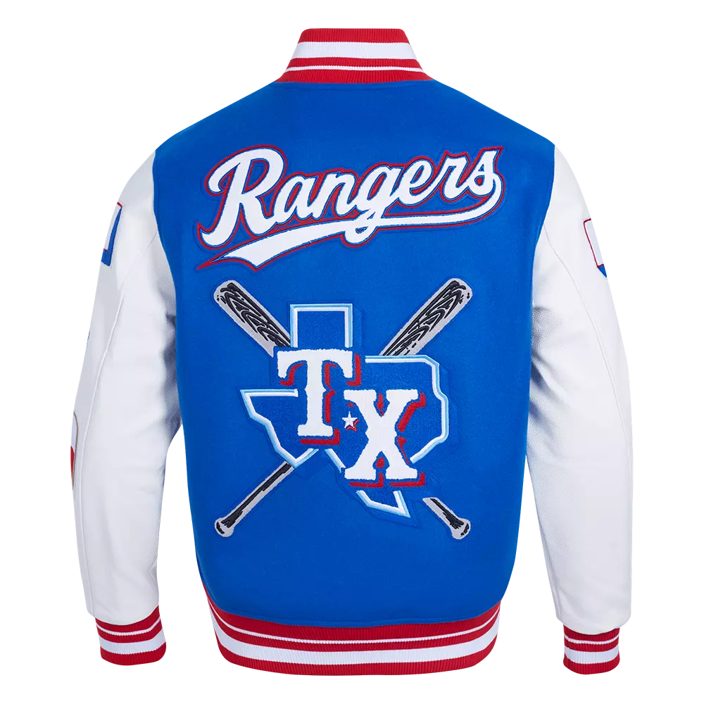 Pro Standard Men's MLB Texas Rangers Mashup Rib Wool Varsity Jacket -Blue/Red/White - BLUE/RED/WHITE