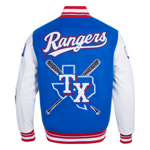 Pro Standard Men's MLB Texas Rangers Mashup Rib Wool Varsity Jacket -Blue/Red/White