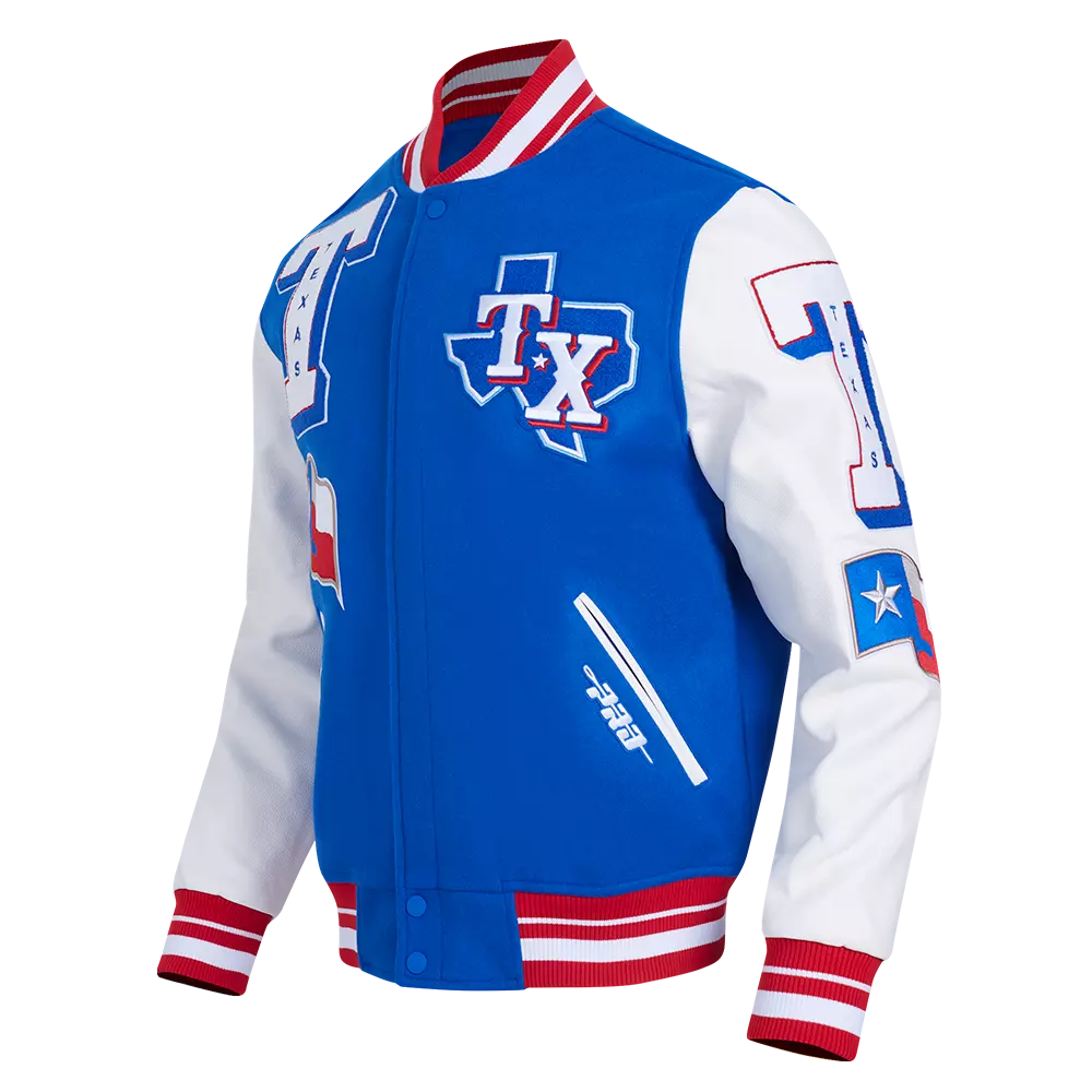 Pro Standard Men's MLB Texas Rangers Mashup Rib Wool Varsity Jacket - Blue/Red/White - BLUE/RED/WHITE